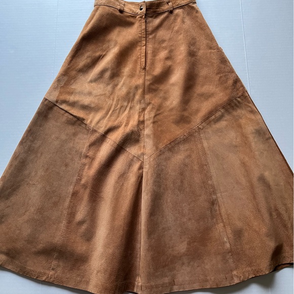 Vintage Laurence Roy Suede Leather A-Line High Waist Brown Long Midi Skirt - Picture 8 of 16